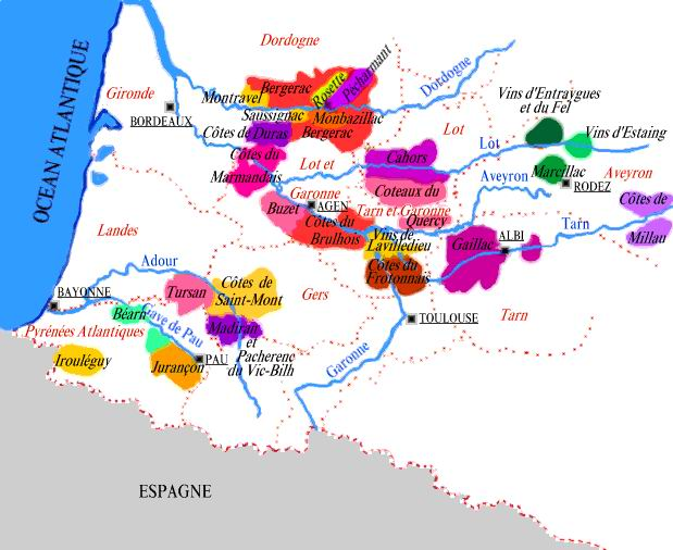 carte des régions viticoles du Sud Ouest